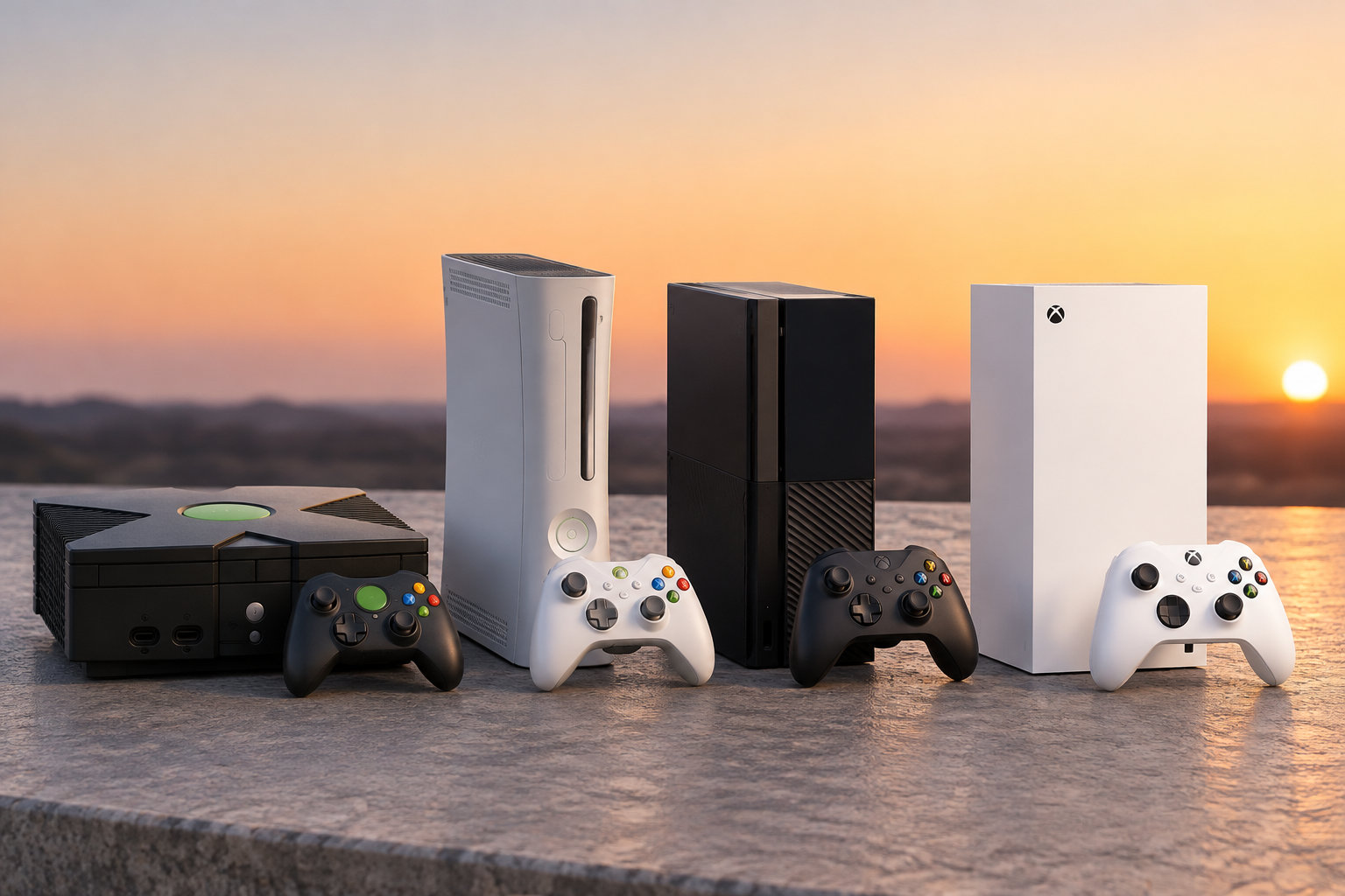 Plusieurs consoles de jeux noires, grises et blanches, accompagnées de leurs manettes, sont disposées sur une table face à un coucher de soleil.
