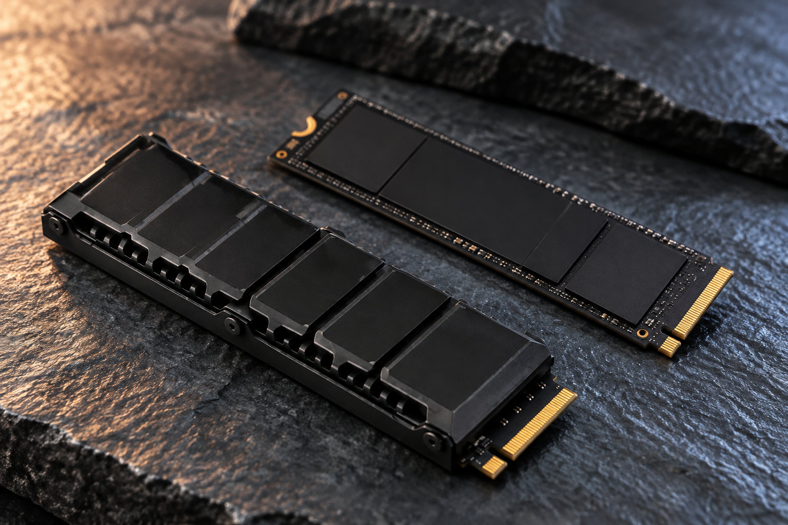 Deux modules de mémoire informatique noirs, l’un recouvert d’un dissipateur thermique, sont posés sur une surface de pierre sombre.