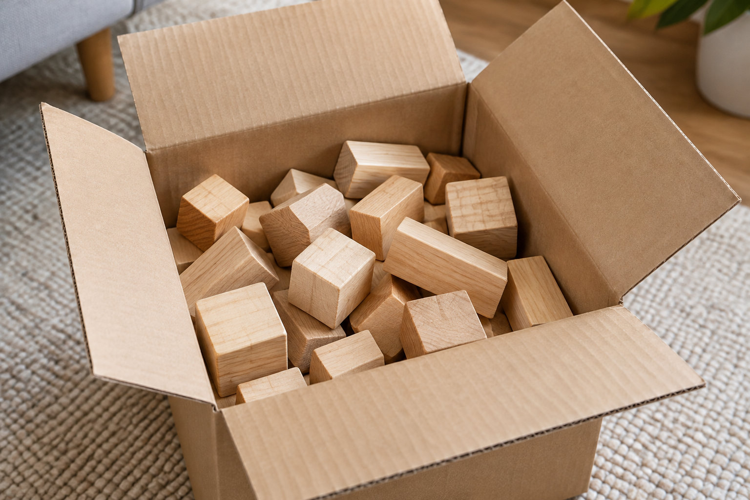 Une boîte en carton ouverte, remplie de blocs de bois, est posée sur un tapis.