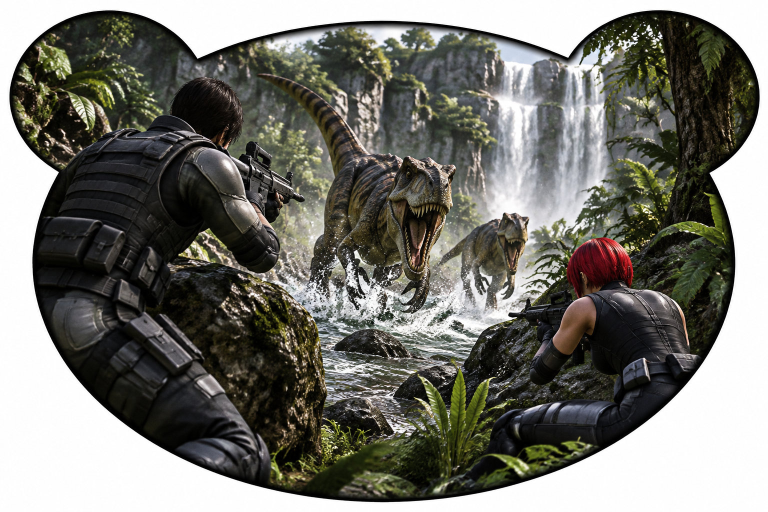 Deux personnes armées, vêtues de noir, font face à deux dinosaures dans une rivière entourée de végétation, près d’une cascade.