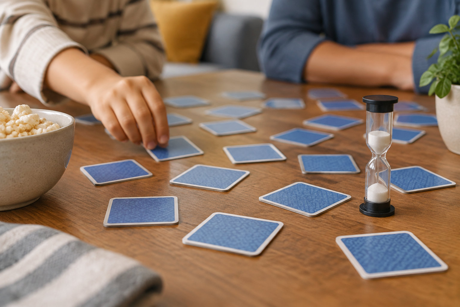 Une personne retourne une carte bleue sur une table où sont éparpillées d’autres cartes, près d’un sablier, d’un bol de maïs soufflé et d’une plante.