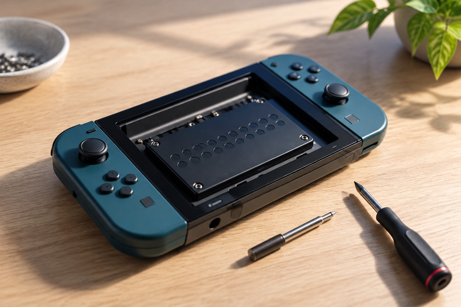 Une console de jeu portable ouverte, avec ses composants visibles, est posée sur une table en bois près de deux tournevis.