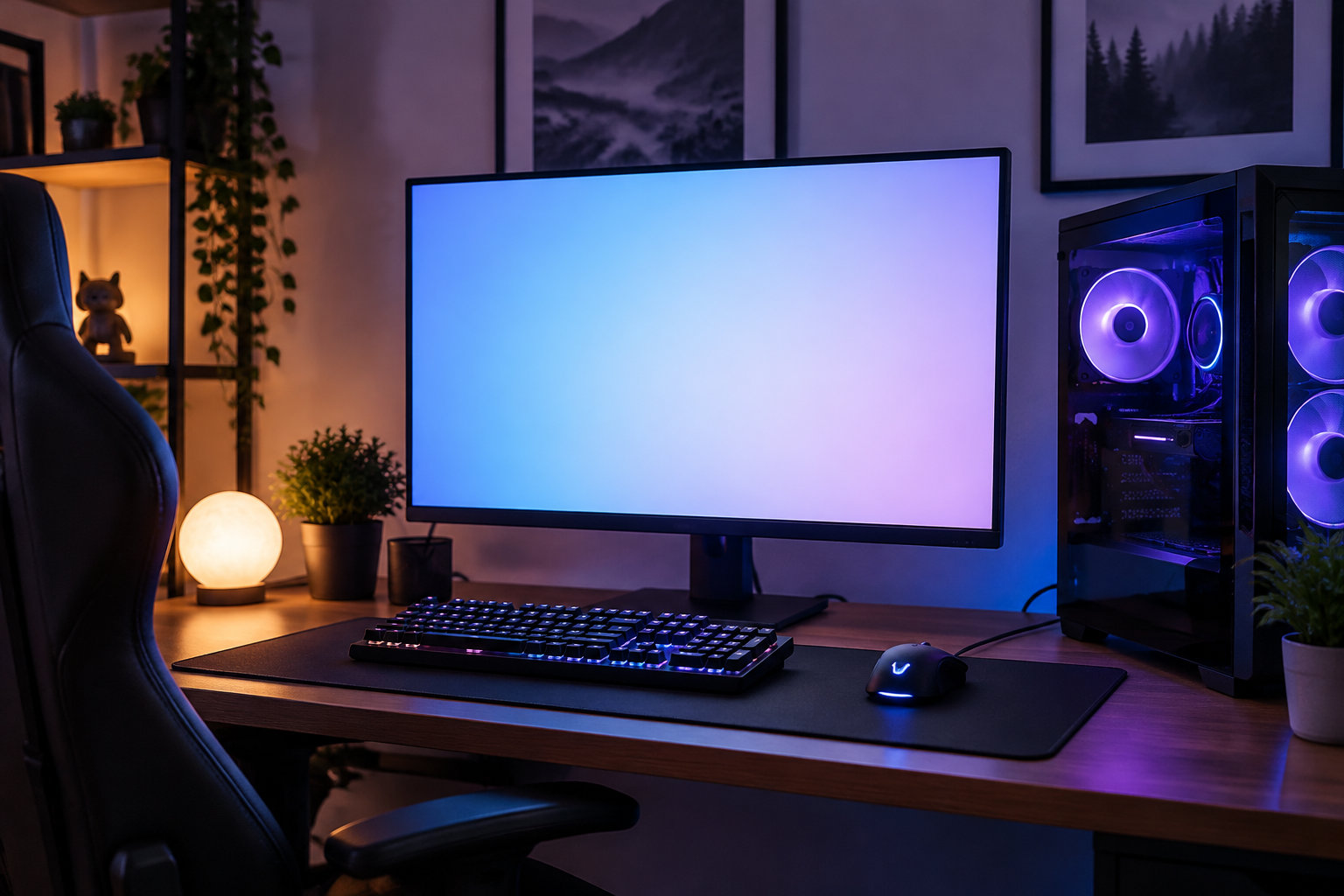 Un bureau de jeu avec un écran vierge, un clavier et une souris lumineux, une tour d’ordinateur éclairée en violet, une chaise et des plantes.
