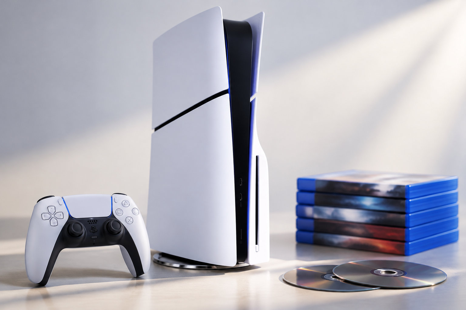Une console de jeu blanche, une manette, une pile de boîtiers bleus et deux disques sont posés sur une table.
