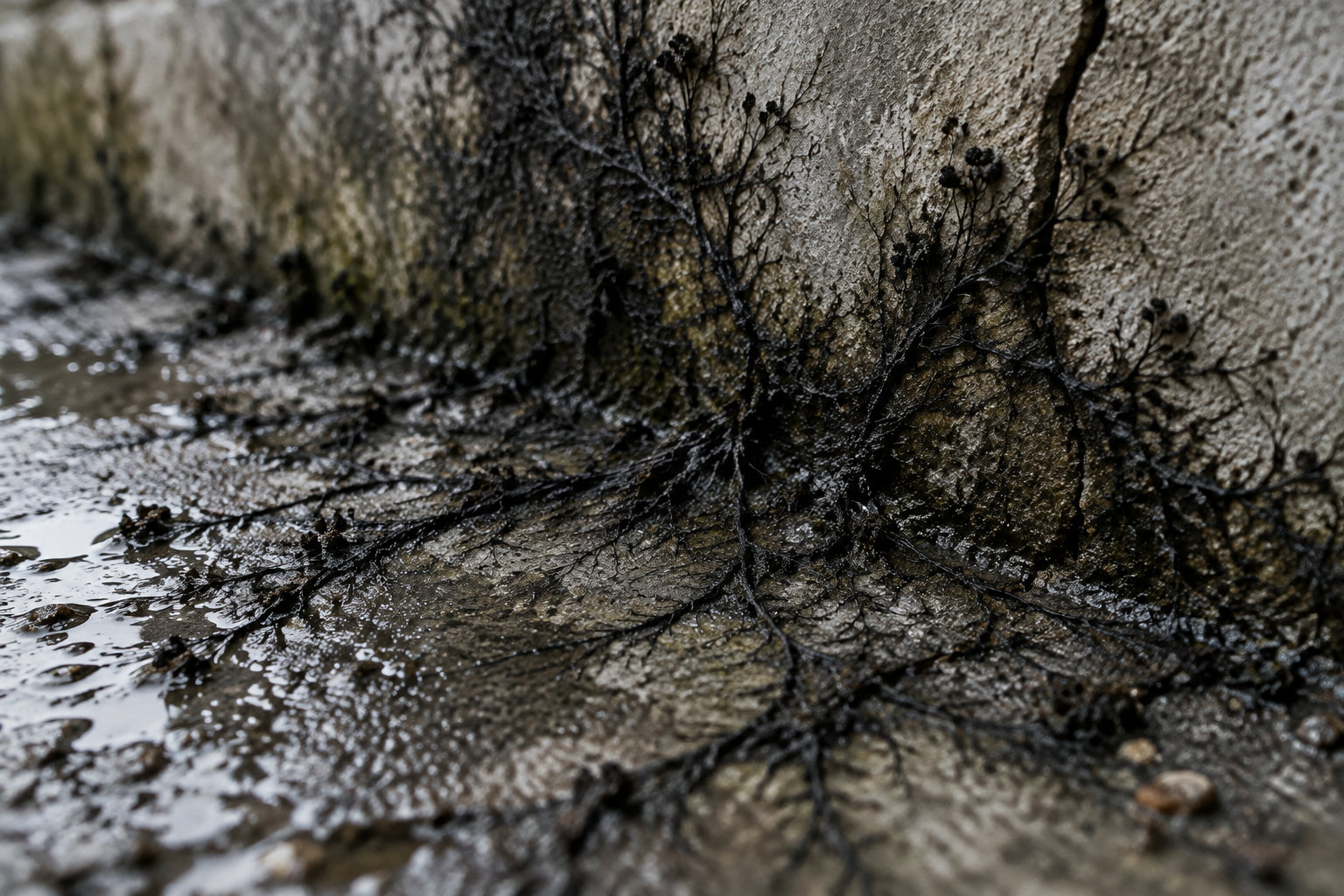 Des plantes sèches et sombres poussent dans les fissures d’un mur de pierre humide, au bord d’une flaque.