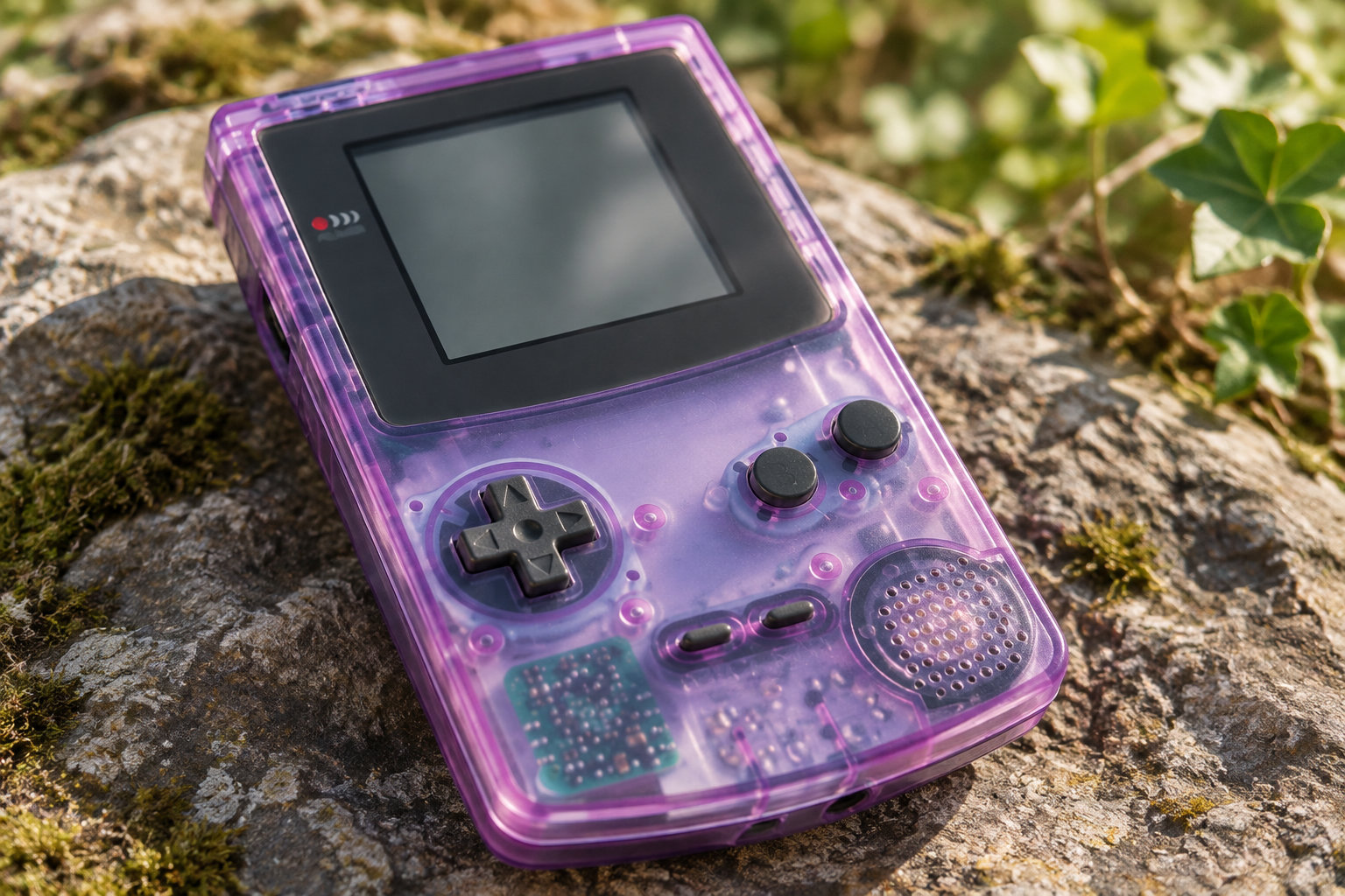 Une console de jeu portable violette translucide repose sur une surface rocheuse, entourée de mousse et de feuilles.