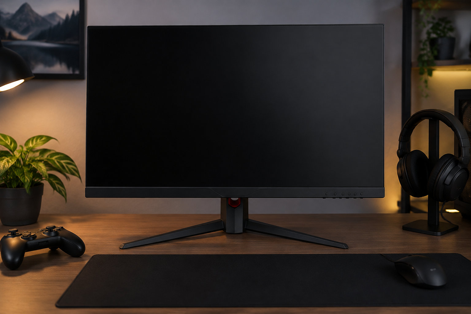 Un écran noir est posé sur un bureau en bois, entouré d’une manette, d’un casque, d’une souris et d’une plante.