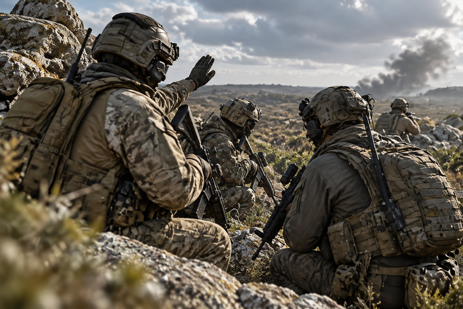 Des soldats en tenue de camouflage et portant des fusils avancent à couvert dans un paysage rocheux ; l’un d’eux lève la main pour faire signe.