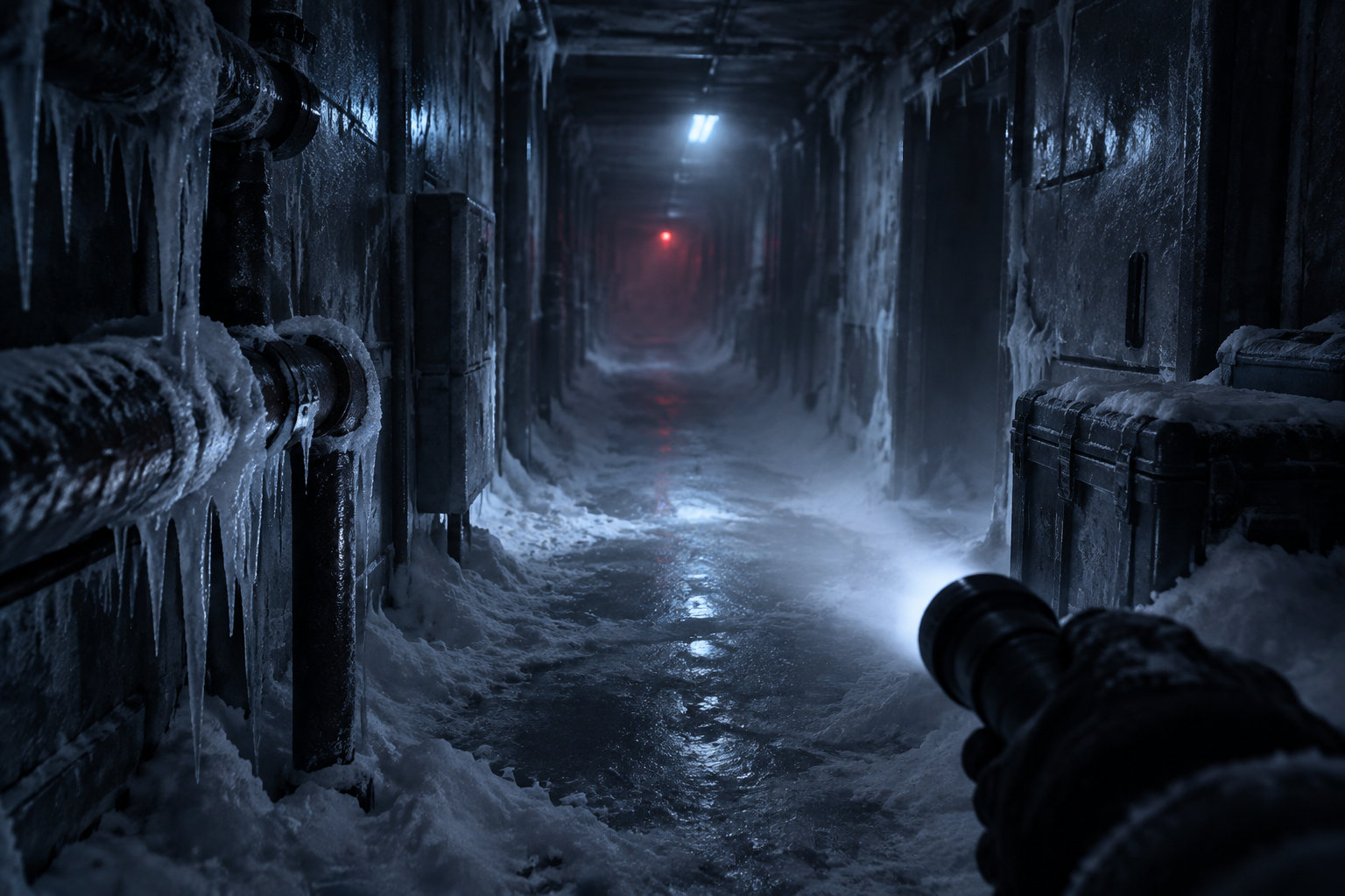Un couloir industriel couvert de glace et de neige, éclairé par une lampe torche au premier plan et une petite lumière rouge au fond.