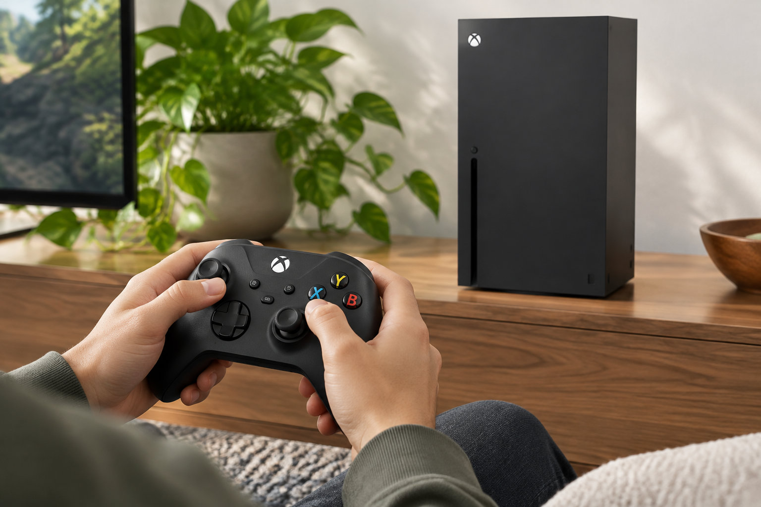 Une personne tient une manette de jeu noire devant une console noire posée sur une table en bois, avec une plante en arrière-plan.