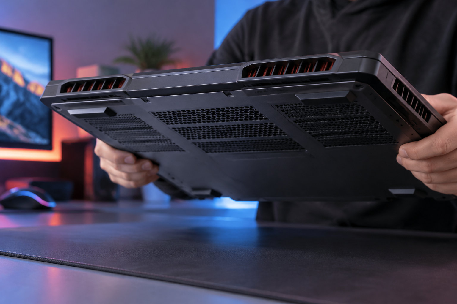 Une personne tient un ordinateur portable de jeu à l’envers, montrant ses grilles d’aération, devant un écran et une souris éclairés en bleu et en rouge.