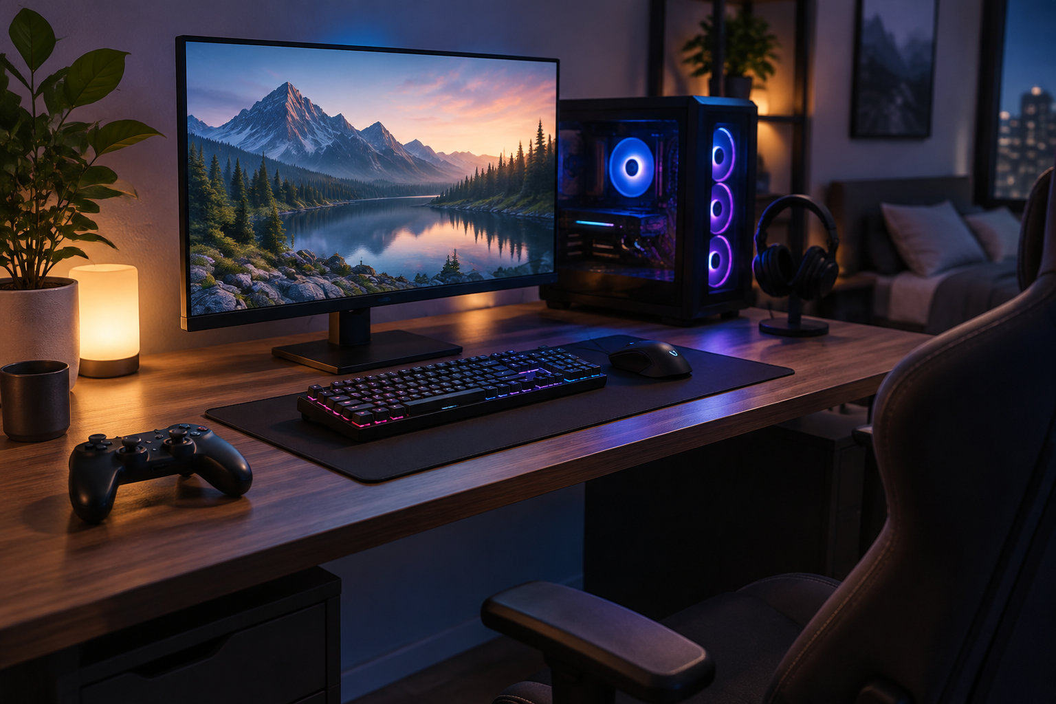 Un bureau accueille un ordinateur avec un écran affichant un paysage de montagne, un clavier et une souris rétroéclairés, un casque, une manette et une tour lumineuse, près d’une plante et d’une lampe.