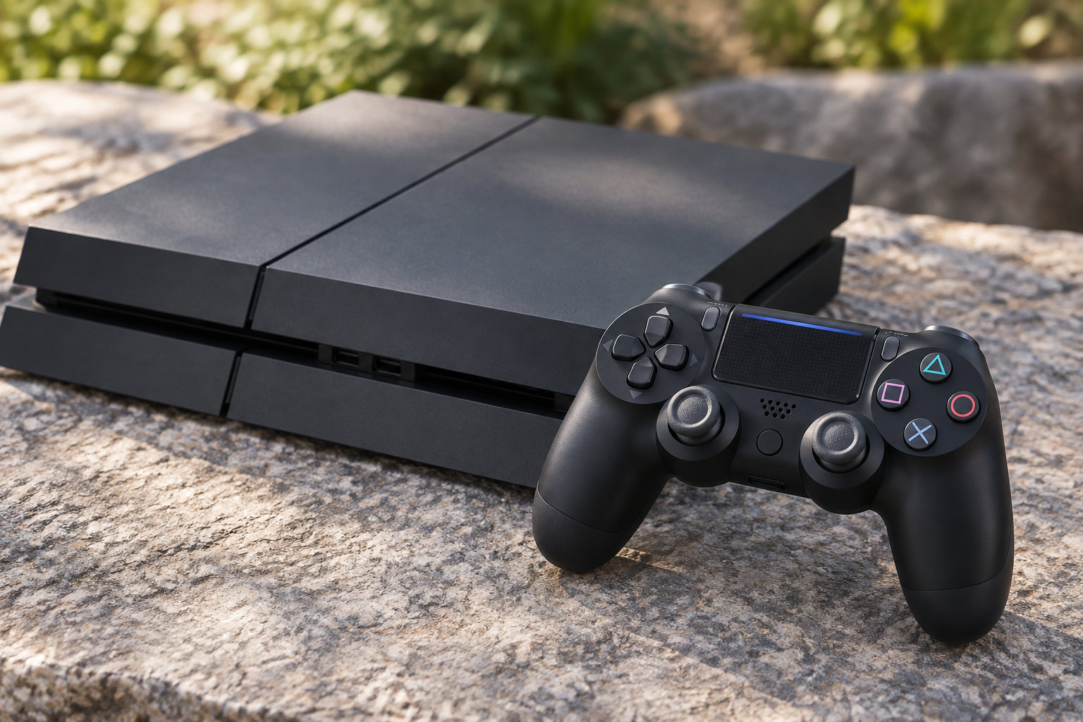 Une console de jeu noire et une manette sont posées sur une surface en pierre, à l’extérieur.