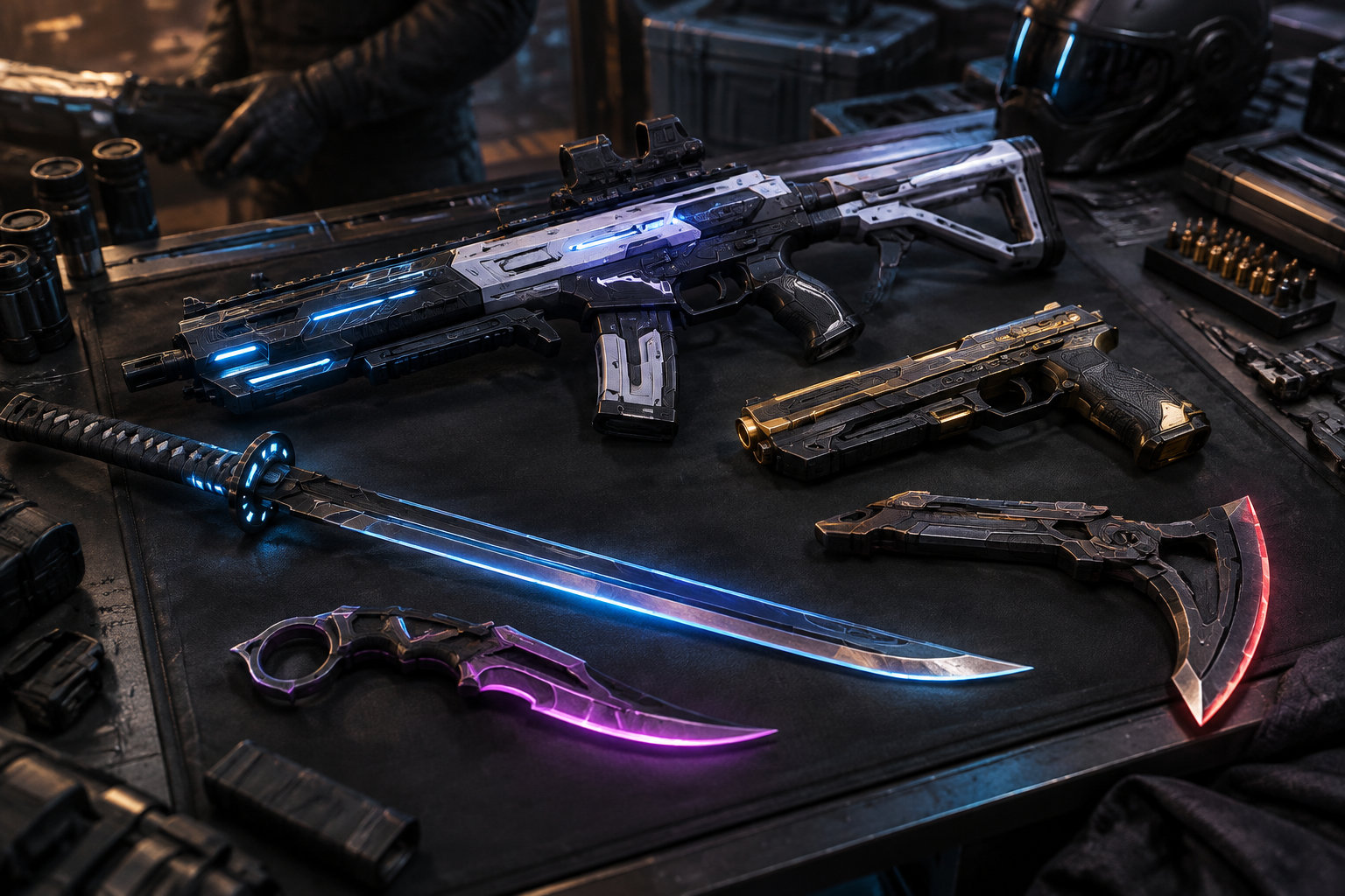 Plusieurs armes futuristes aux lames et détails lumineux bleus, violets et rouges sont disposées sur une table sombre.