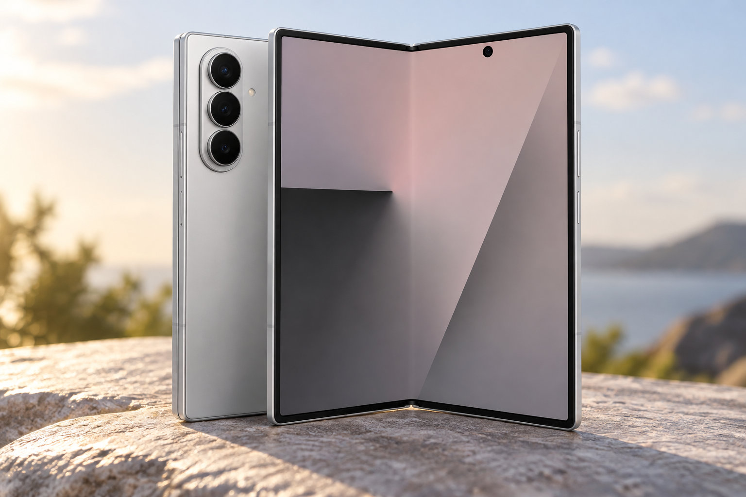 Un téléphone pliable argenté, ouvert avec son écran allumé et ses trois objectifs visibles, est posé sur un rocher devant un paysage de montagnes et un lac.