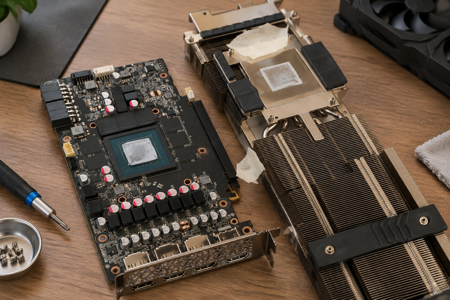 Une carte électronique et un imposant dissipateur thermique démontés sont posés sur une table en bois, près d’un tournevis et de petites vis.