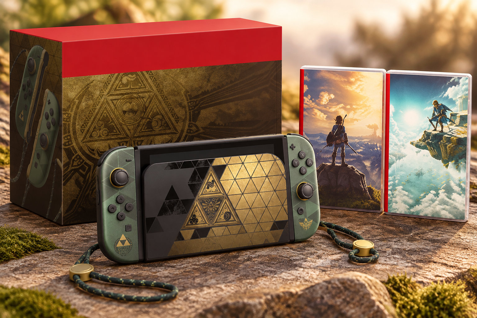 Une console de jeu portable verte et noire, une grande boîte décorée et deux boîtiers illustrés sont posés sur un sol rocheux dans un décor ensoleillé.