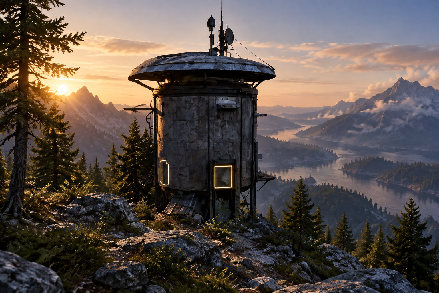 Une tour métallique équipée d’antennes se dresse sur un versant rocheux et boisé, face à des montagnes et un lac baignés par le soleil couchant.