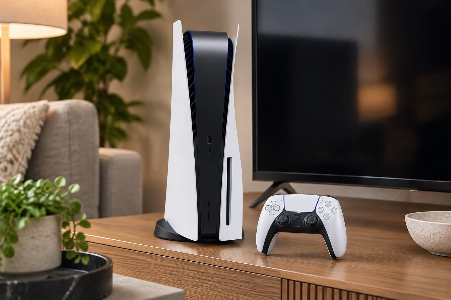 Une console de jeu blanche et noire et une manette sont posées sur un meuble en bois devant un téléviseur éteint, dans un salon.