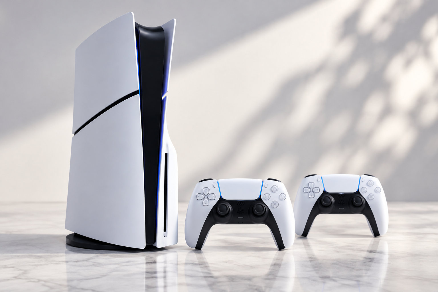 Une console de jeu blanche et noire est posée à la verticale à côté de deux manettes assorties, sur une surface claire réfléchissante.