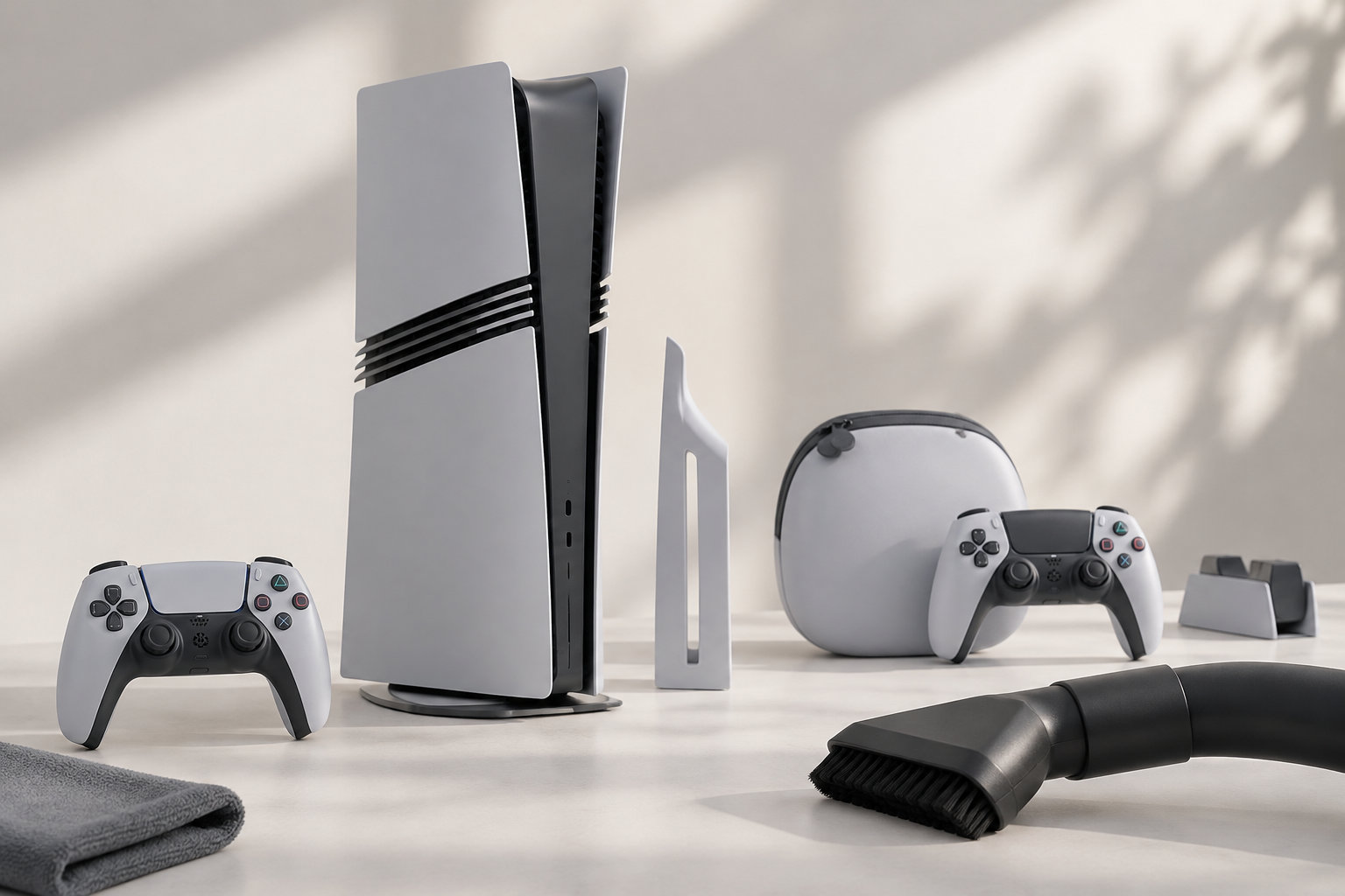 Une console de jeu verticale, deux manettes, un casque de réalité virtuelle et un embout d’aspirateur sont disposés sur une surface claire, près d’un chiffon gris.
