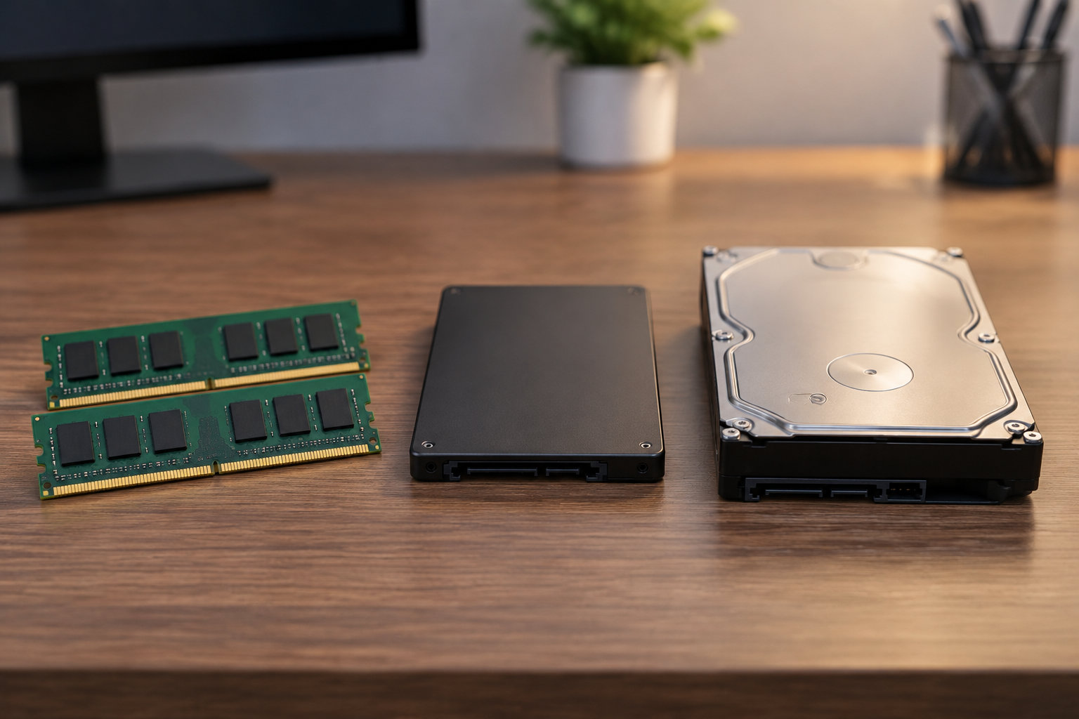 Deux barrettes de mémoire, un disque SSD et un disque dur sont posés sur un bureau en bois.