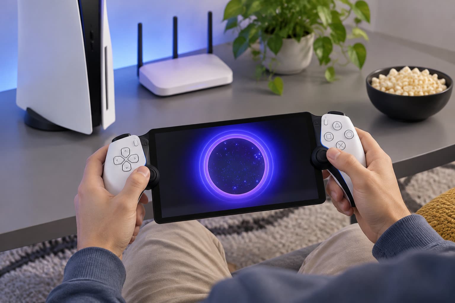 Une personne tient une console de jeu portable affichant un cercle lumineux violet, devant une console de salon, un routeur, une plante et un bol de maïs soufflé.