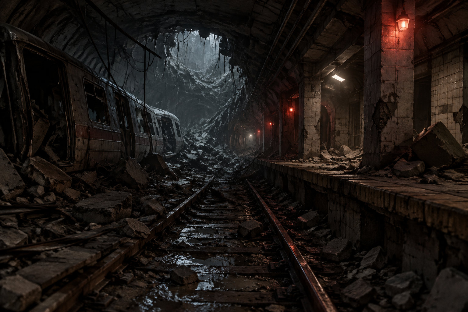 Une rame de métro abandonnée se trouve dans un tunnel effondré, jonché de gravats et éclairé par quelques lampes rouges.
