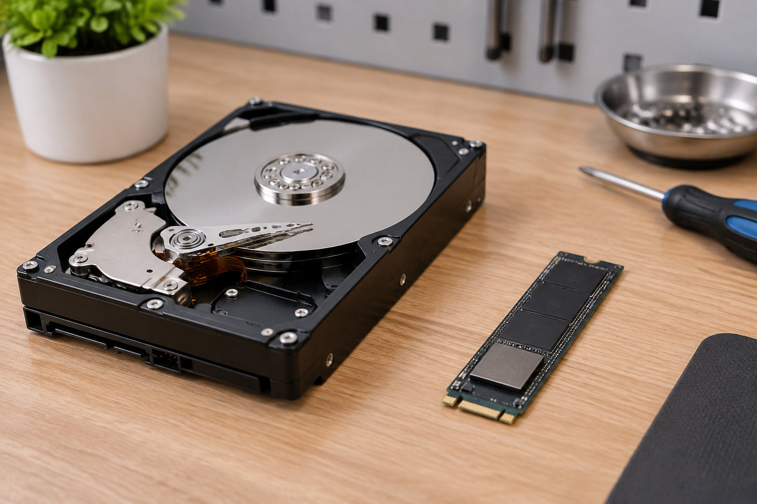 Un disque dur ouvert et une barrette de mémoire sont posés sur un bureau en bois, avec un tournevis et une plante à proximité.