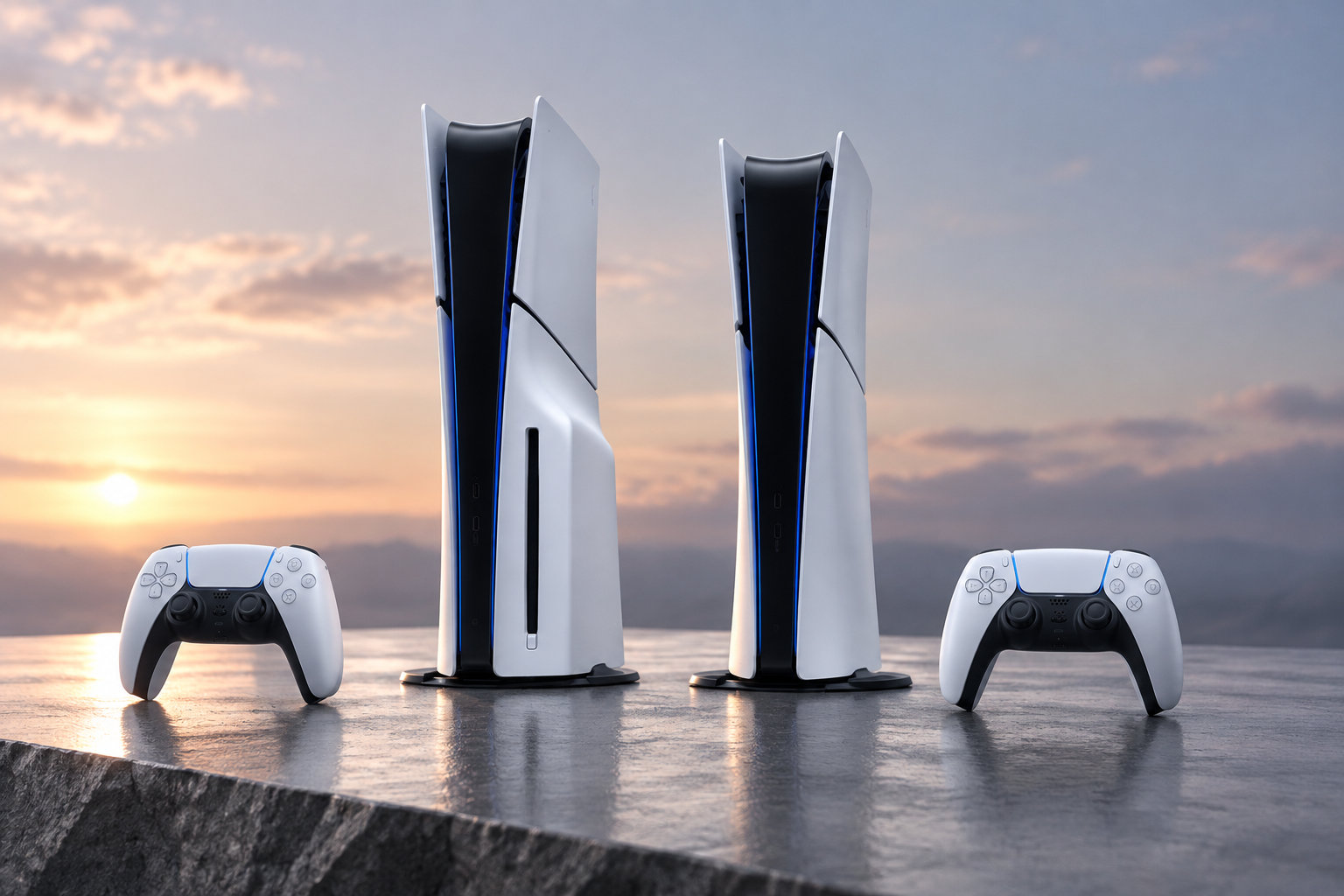 Deux consoles de jeu blanches et deux manettes sont posées sur une surface au bord de l’eau, devant un coucher de soleil.