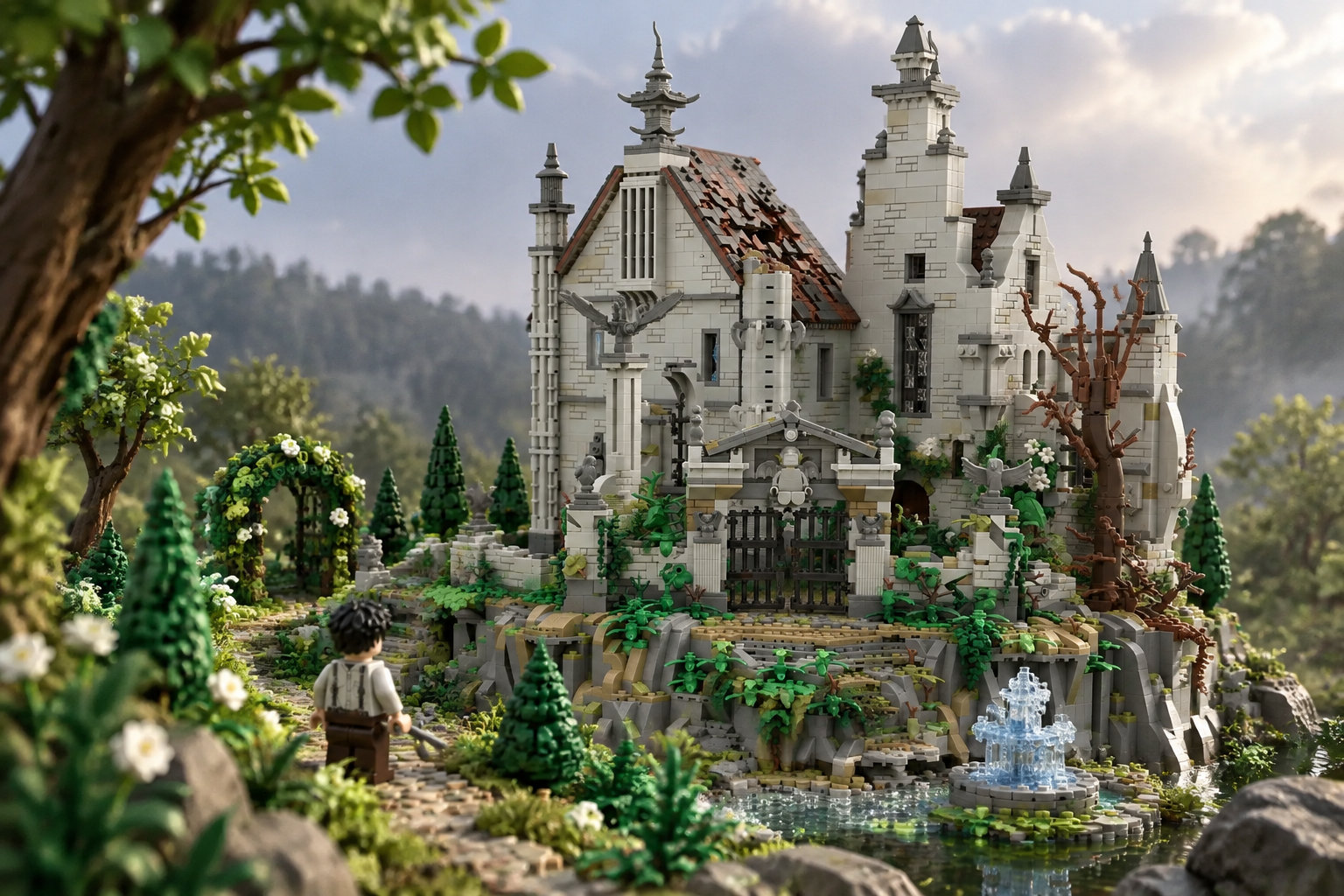 Une maquette de château en briques de construction se dresse au milieu d’un jardin arboré, avec un personnage miniature au premier plan et une petite fontaine près d’un bassin.