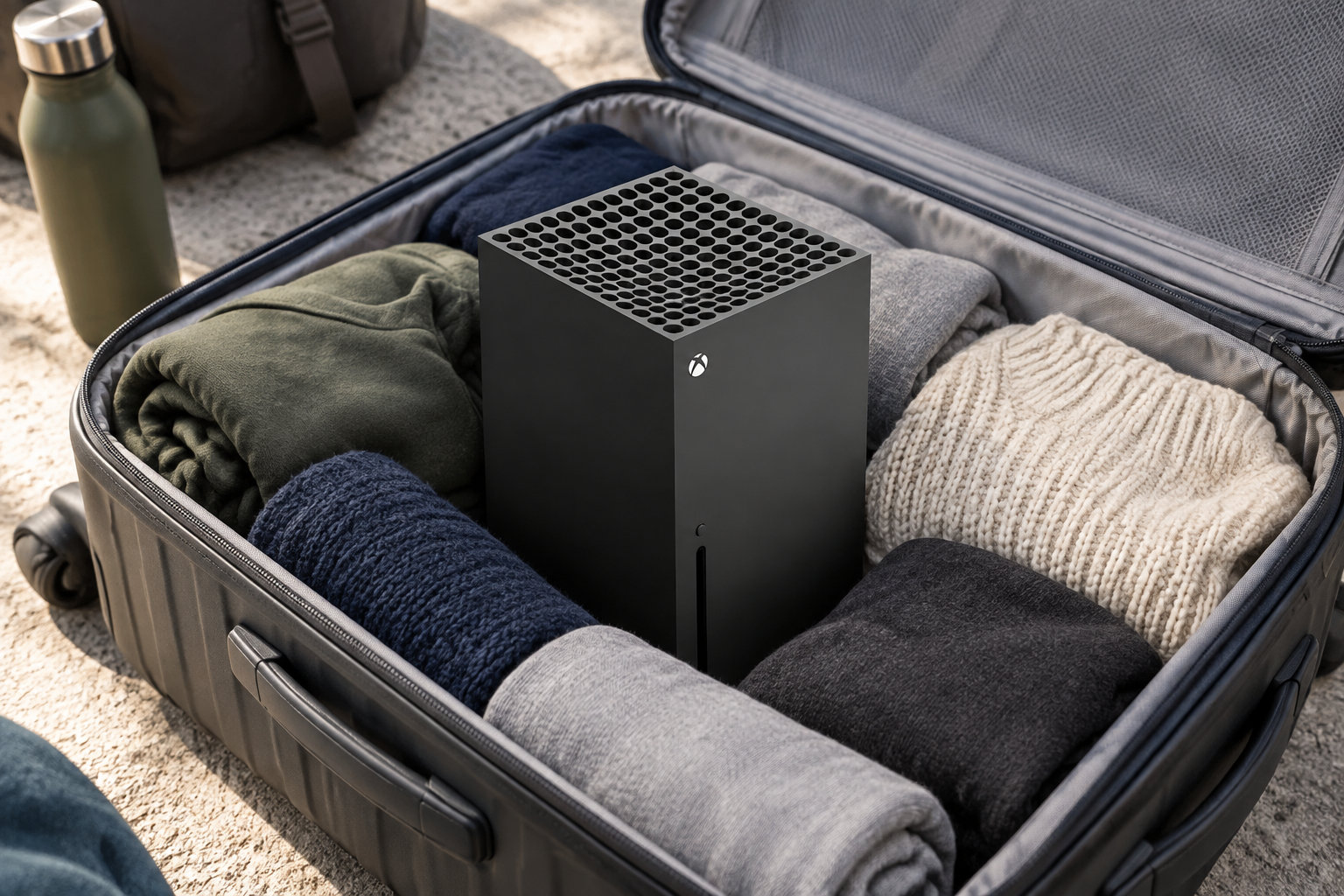 Une console de jeu noire est placée au centre d’une valise ouverte remplie de vêtements pliés, près d’une gourde.