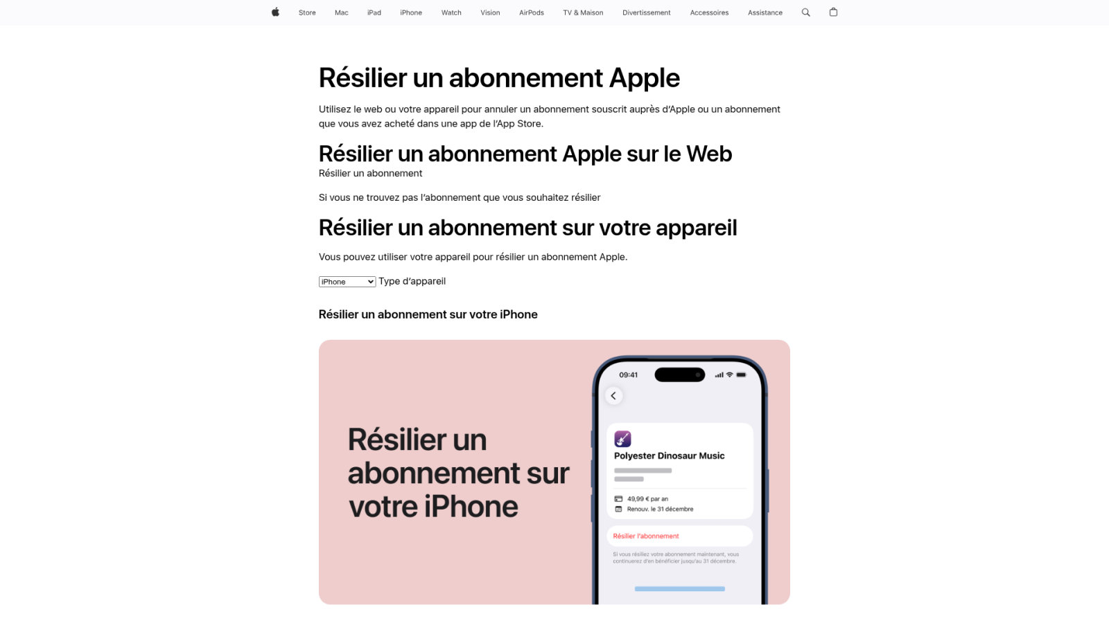 Capture d’une page web avec plusieurs rubriques sur la résiliation d’un abonnement Apple et une illustration d’iPhone sur fond rose.