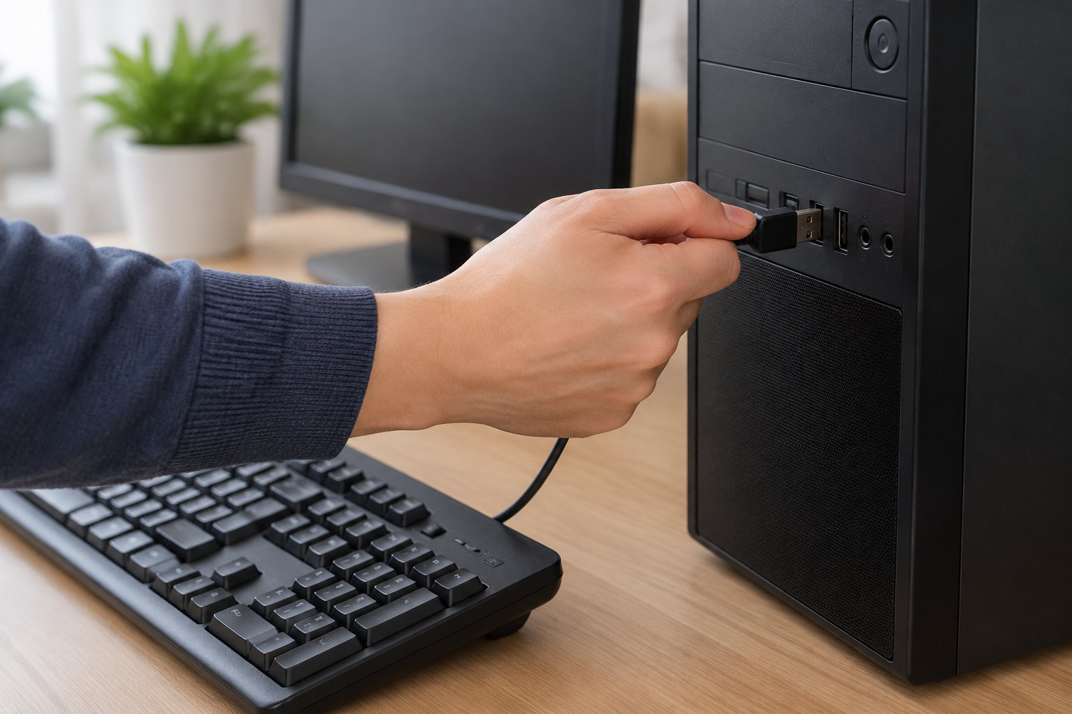 Une main branche une clé USB à l’avant d’une tour d’ordinateur, près d’un clavier et d’un écran.