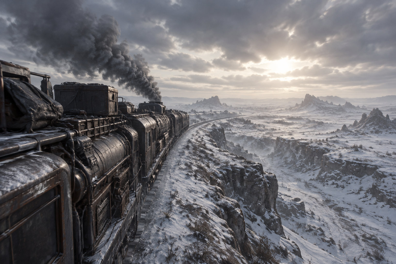 Une locomotive à vapeur traverse un paysage montagneux enneigé sous un ciel chargé de nuages.
