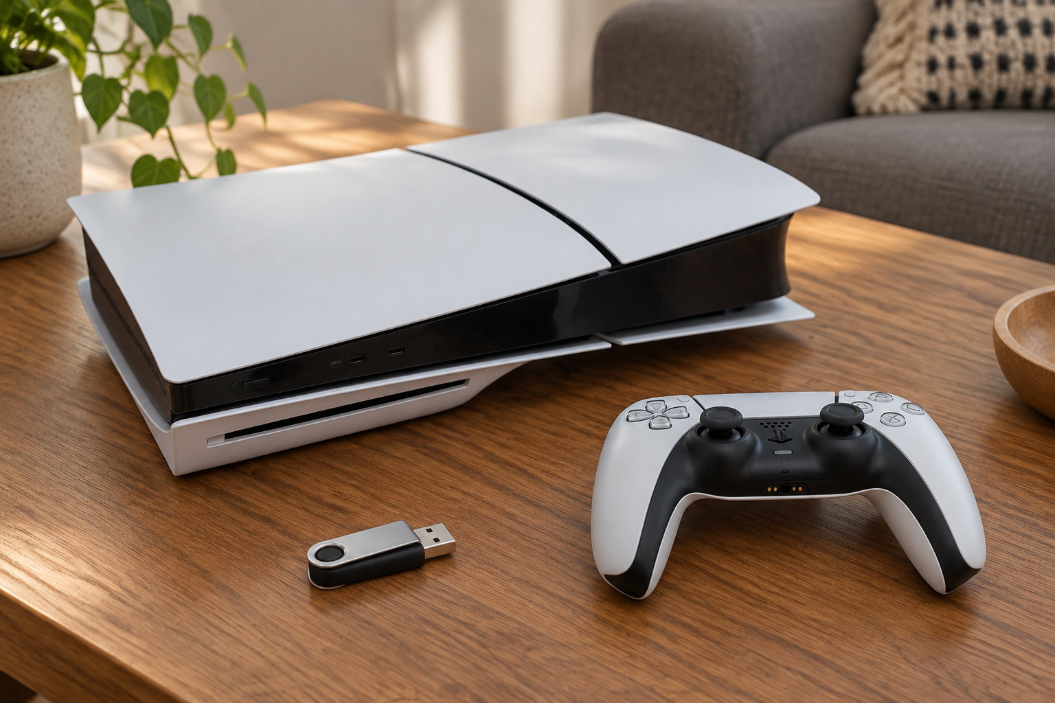 Une console de jeu blanche et noire, une manette et une clé USB sont posées sur une table en bois, près d’une plante et d’un canapé.