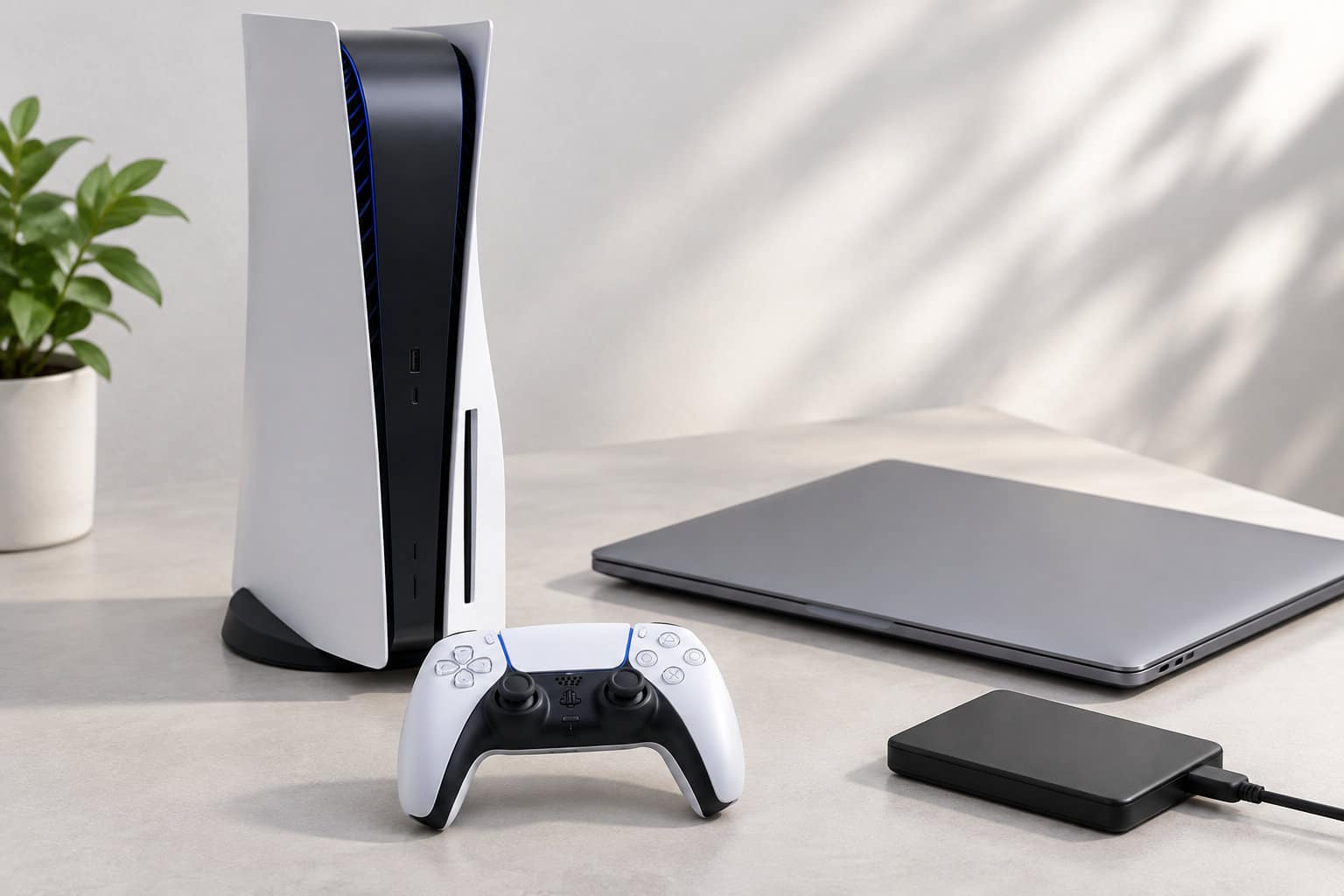 Une console de jeu blanche verticale, une manette, un ordinateur portable fermé et un boîtier noir sont posés sur une table claire, près d’une plante en pot.