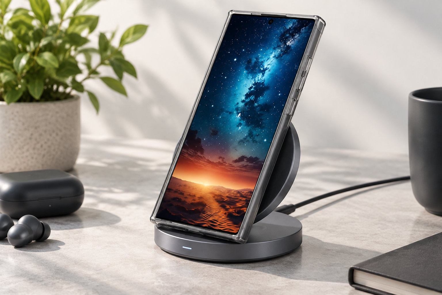 Un smartphone affichant un ciel étoilé au-dessus d’un désert au coucher du soleil est posé sur un socle de recharge, près d’écouteurs, d’une plante, d’une tasse et d’un carnet.