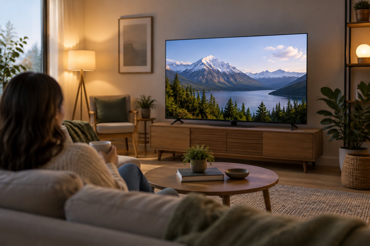 Une personne assise sur un canapé tient une tasse face à un téléviseur montrant un paysage de montagnes et de lac dans un salon chaleureux.