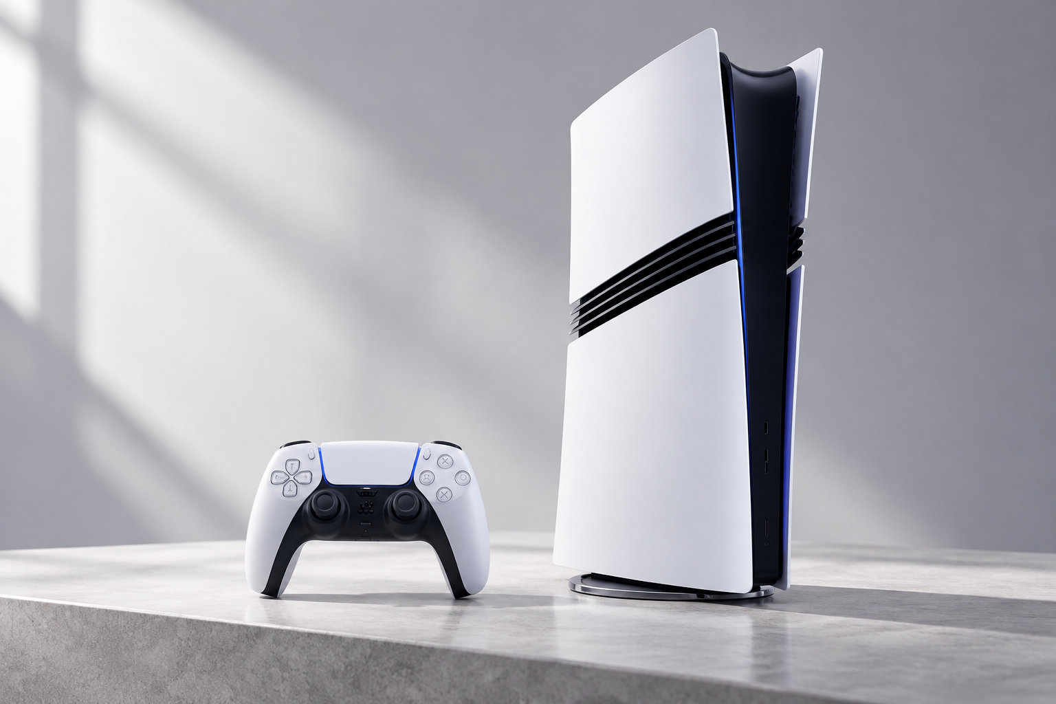 Une console de jeu blanche et noire est posée à la verticale à côté d’une manette assortie, sur une surface claire.