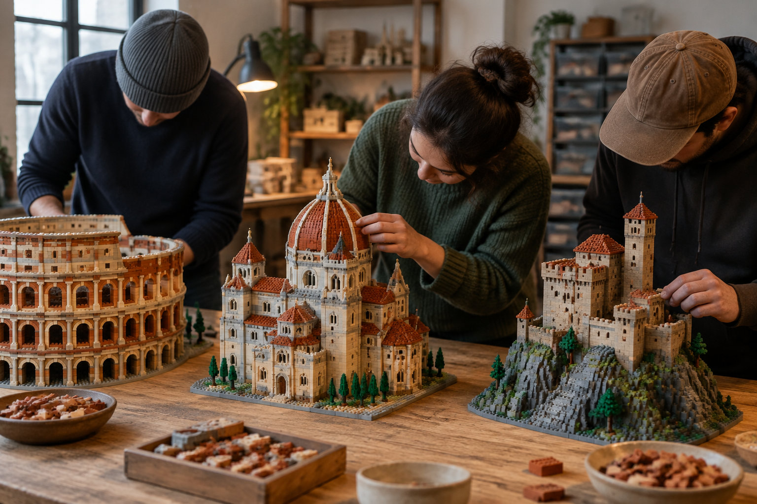 Trois personnes assemblent des maquettes miniatures de monuments en briques sur une grande table en bois.