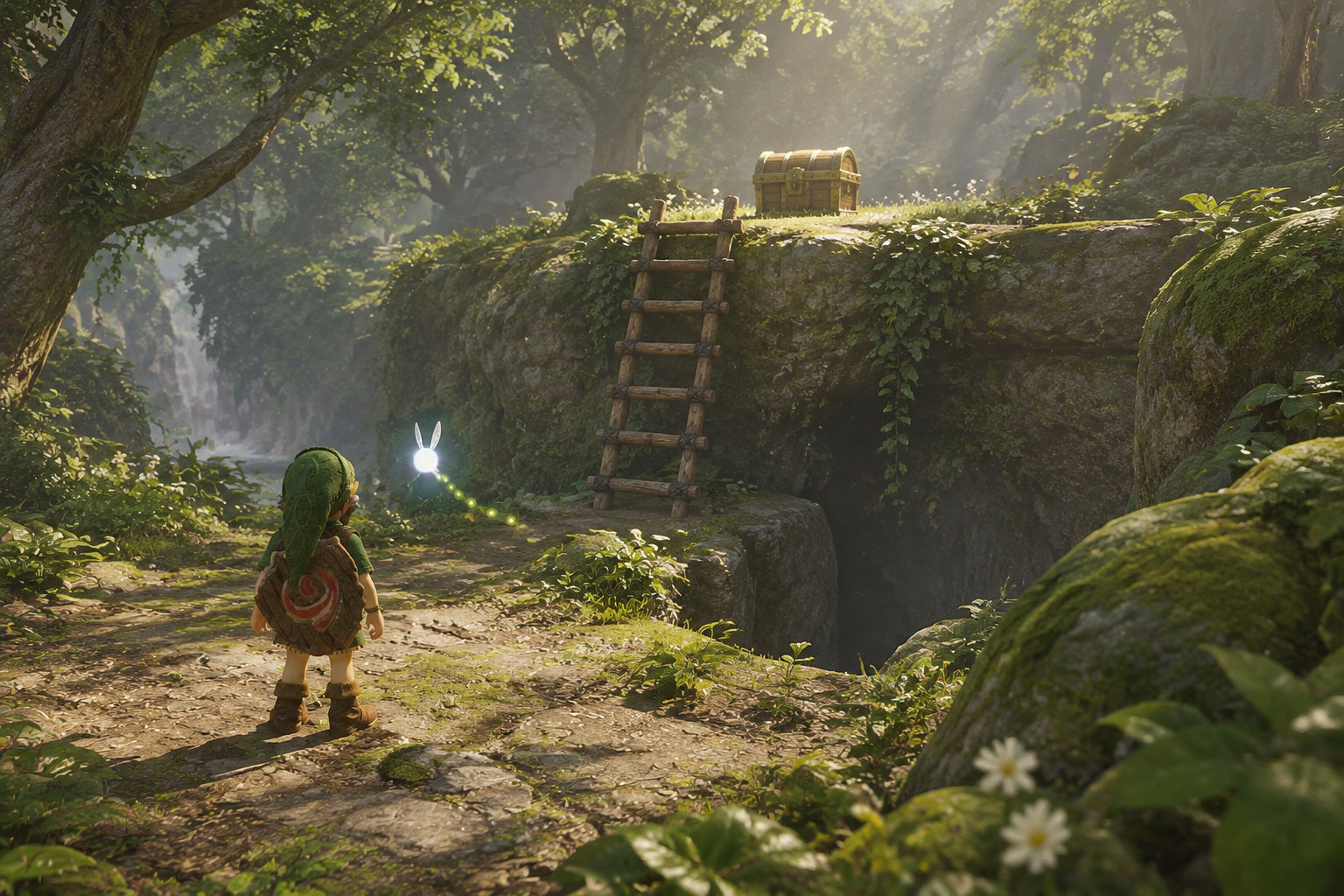 Un personnage vêtu de vert observe une petite créature lumineuse devant une échelle menant à un coffre, dans une forêt ensoleillée.