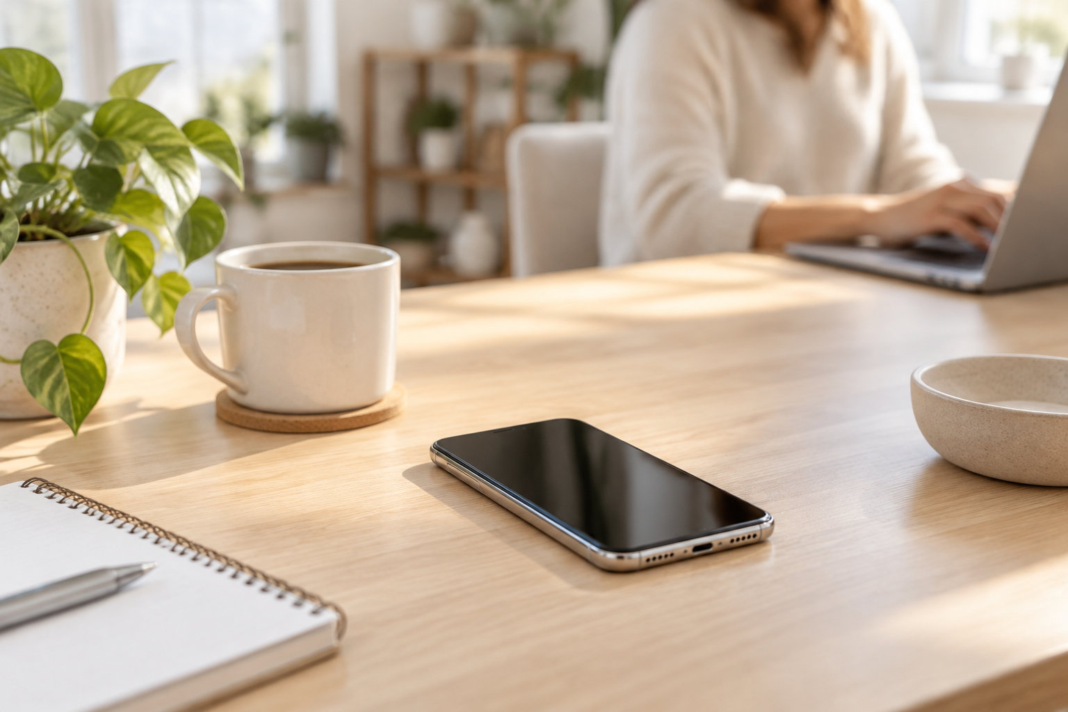 Un téléphone à écran noir est posé sur une table en bois, près d’un carnet, d’un stylo, d’une tasse de café, d’une plante et d’un bol, tandis qu’une personne utilise un ordinateur portable en arrière-plan.