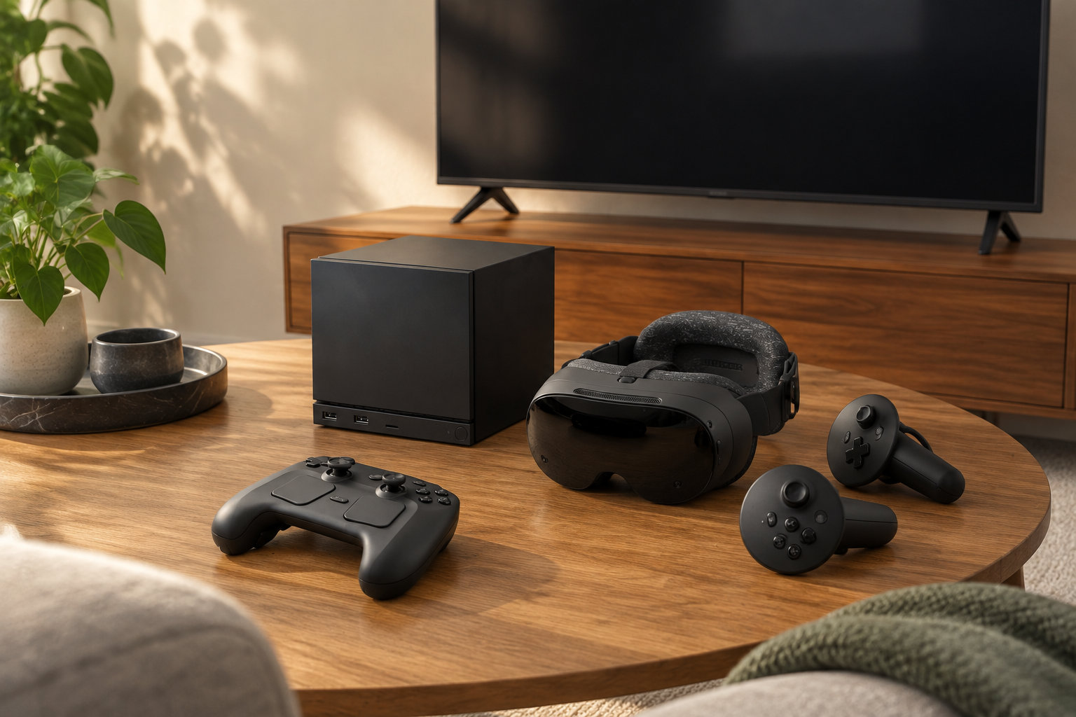 Un casque de réalité virtuelle, une console, une manette et deux contrôleurs sont posés sur une table basse en bois devant un téléviseur éteint.