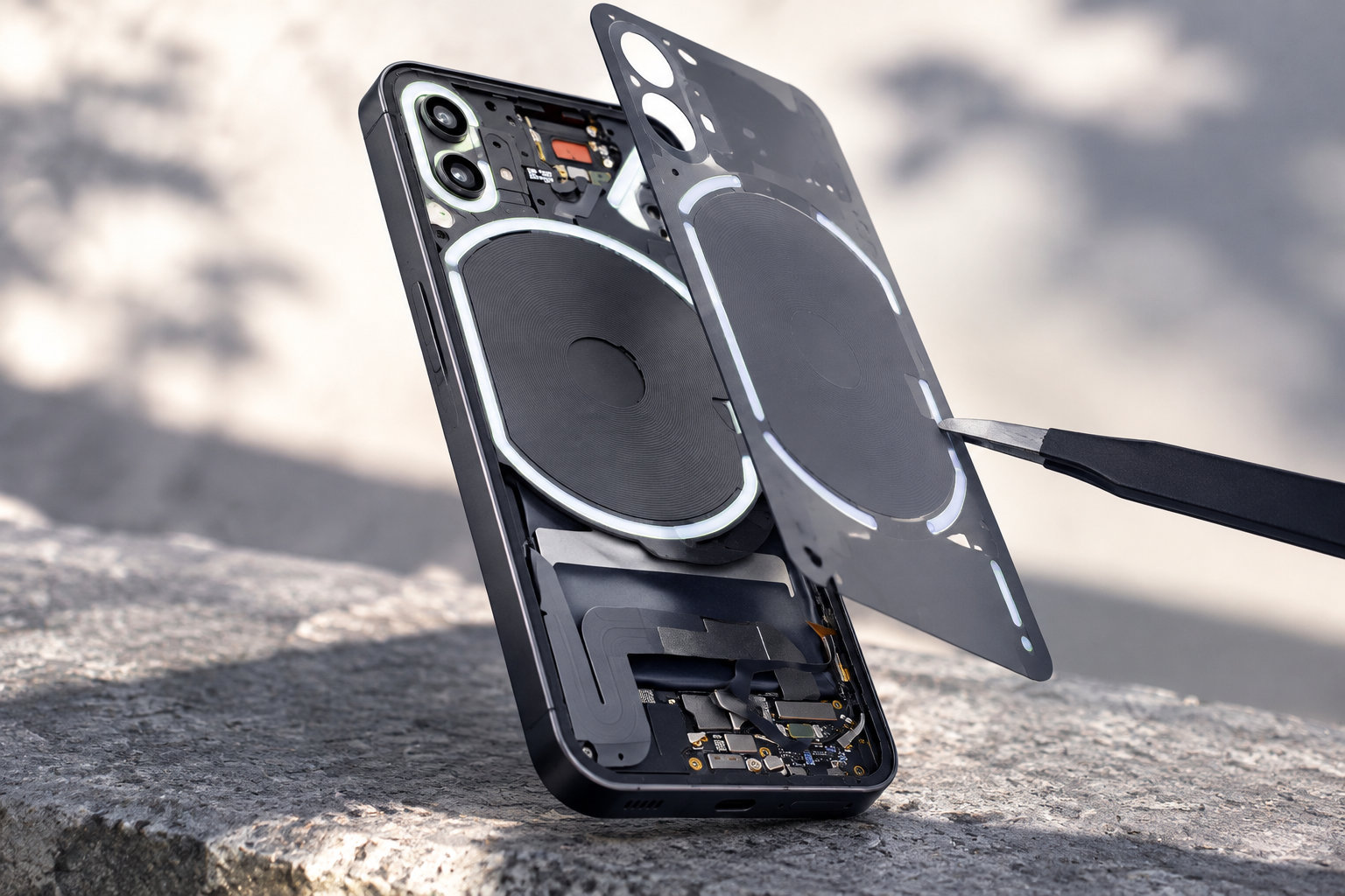 Un smartphone noir démonté est posé debout, tandis qu’un outil soulève son panneau arrière au-dessus d’une surface rocheuse.