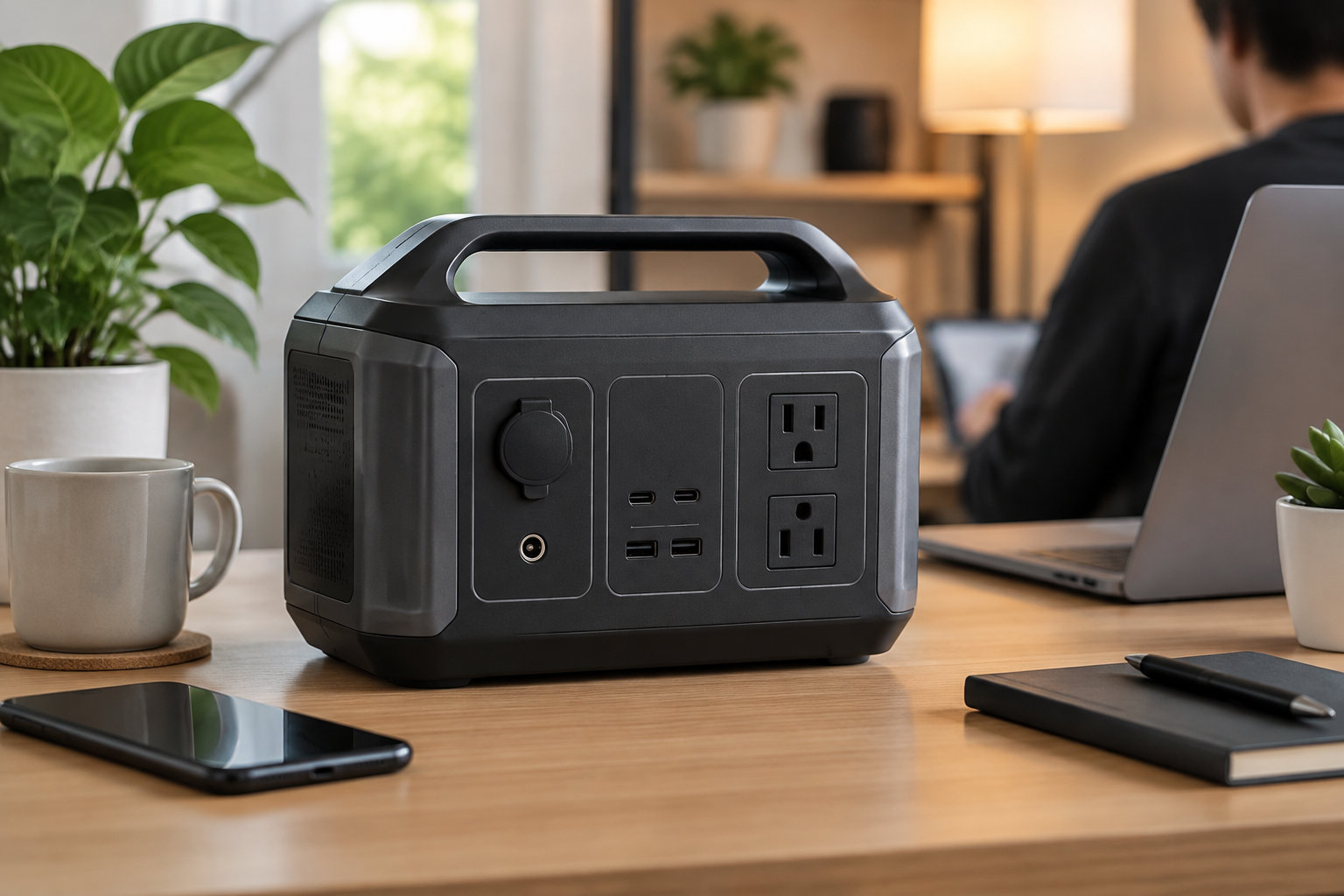Une station d’alimentation portable noire est posée sur un bureau, entre une tasse, un téléphone, un ordinateur portable et un carnet.