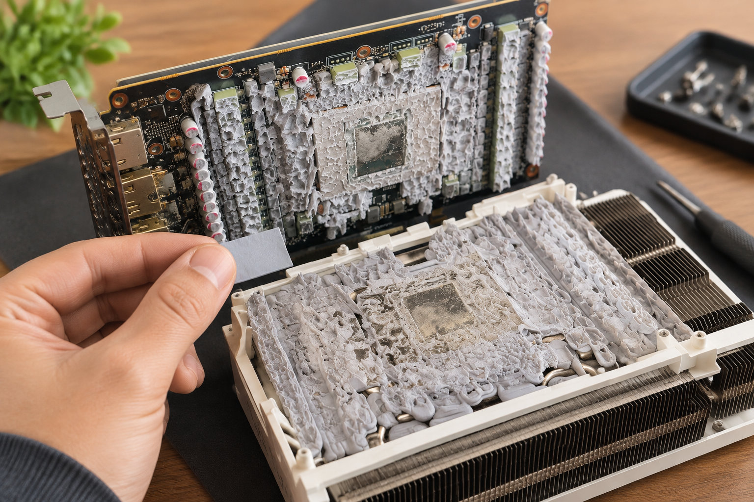 Une main tient une petite plaque près d’une carte électronique et d’un dissipateur thermique couverts de pâte grise.