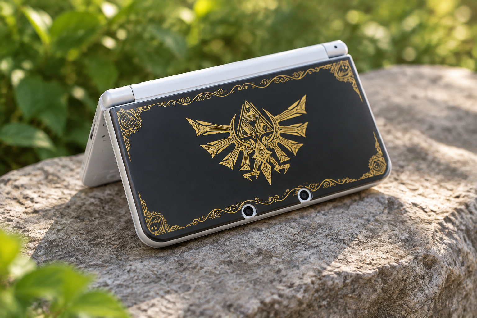 Une console de jeu portable blanche, décorée d’un motif doré sur sa coque noire, est posée ouverte sur un rocher dans un cadre verdoyant.