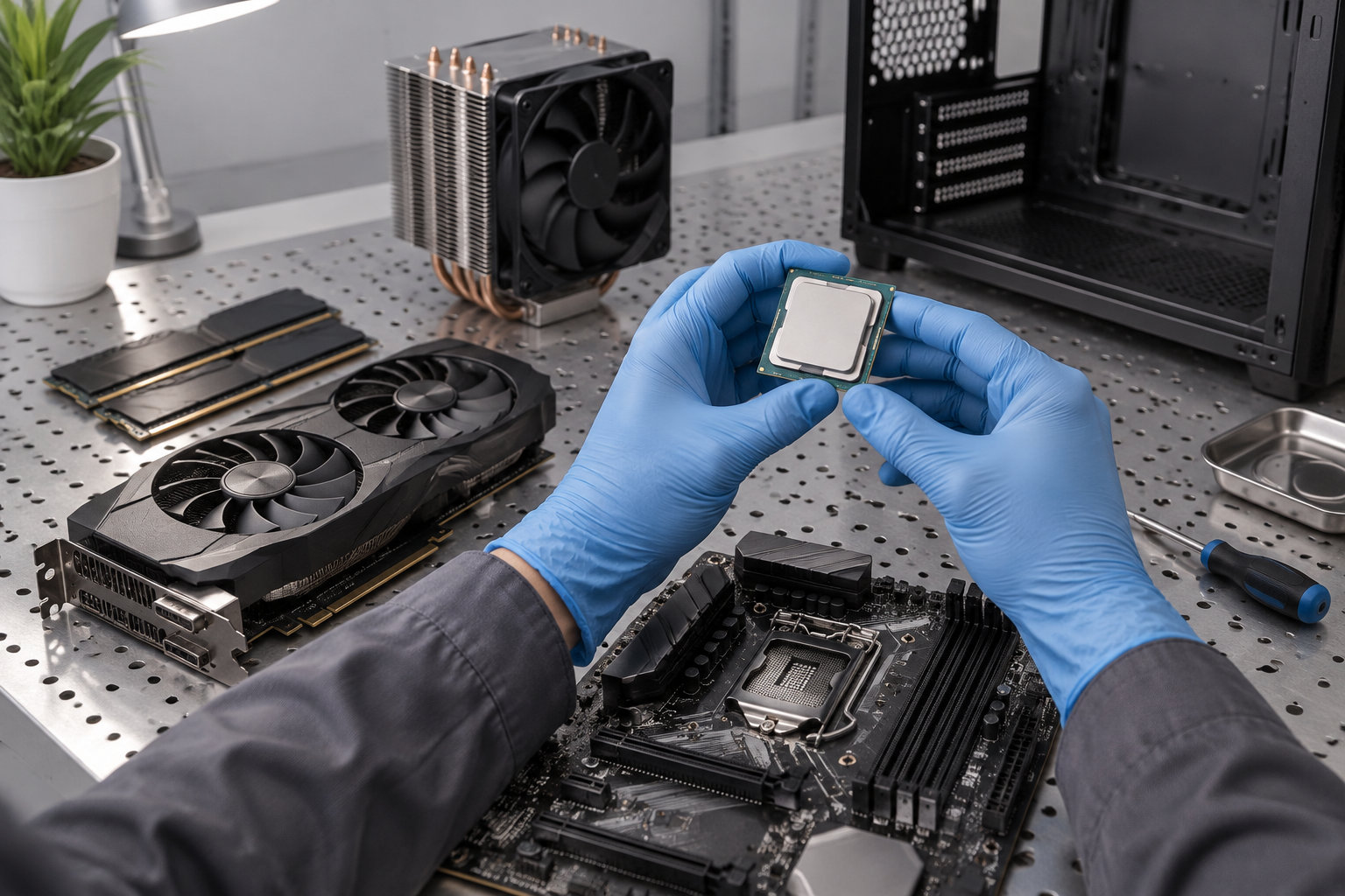 Des mains gantées de bleu tiennent un processeur au-dessus d’une carte mère, entourée de composants informatiques et d’outils sur un établi.