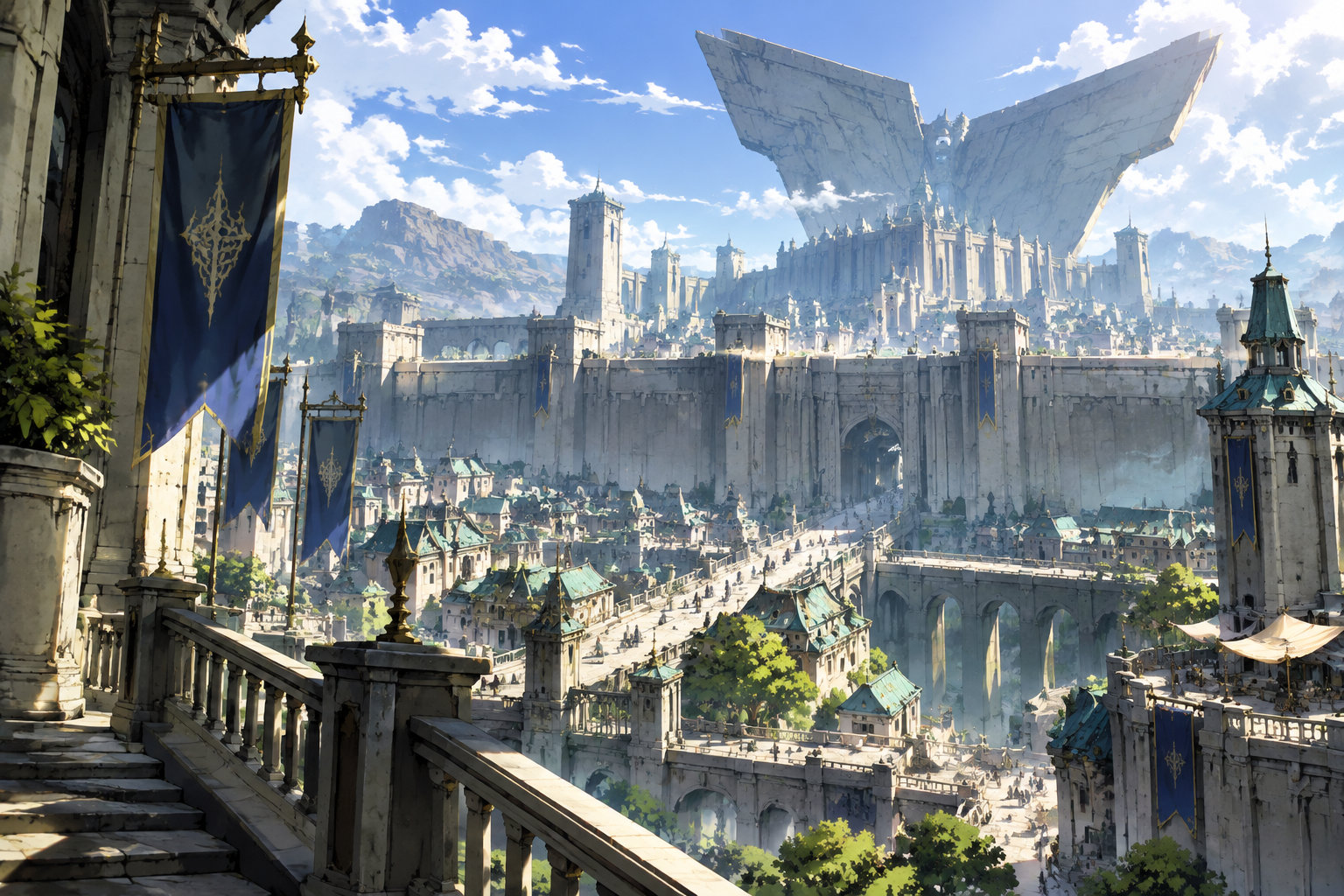 Une cité fortifiée aux toits de pierre et aux bannières bleues s’étend au pied des montagnes, dominée par un immense édifice aux ailes de pierre.